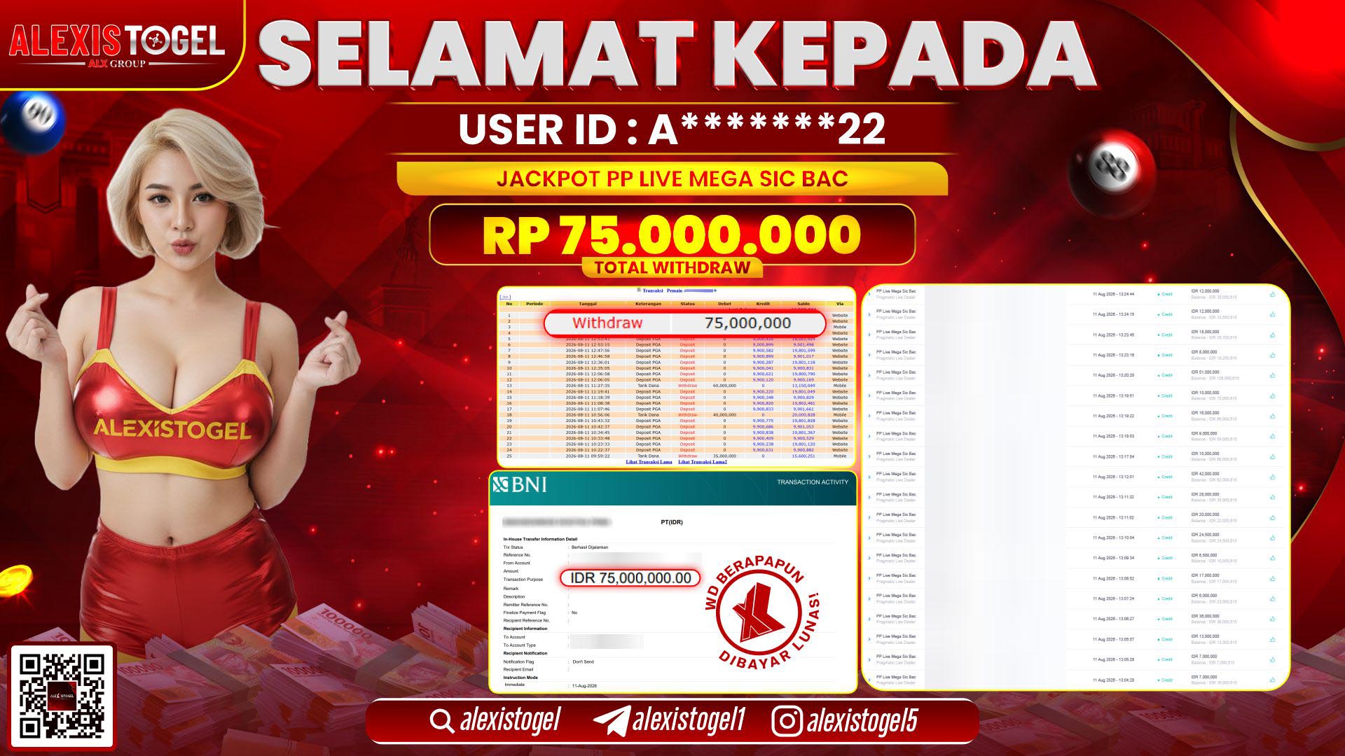 ALEXISTOGEL JACKPOT DI PP LIVE MEGA SIC BAC RP.75.000.000,- LUNAS