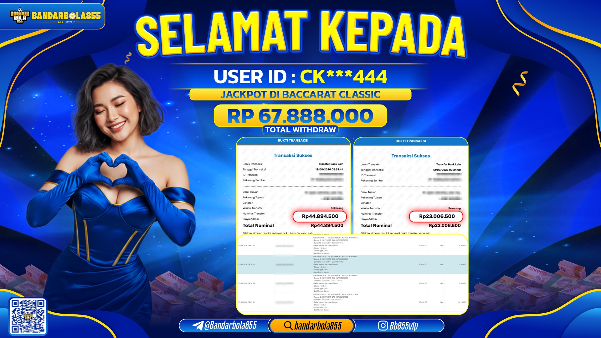 JACKPOT BANDARBOLA855 DI BACCARAT CLASSIC Rp67.888.000, - LUNAS🎖