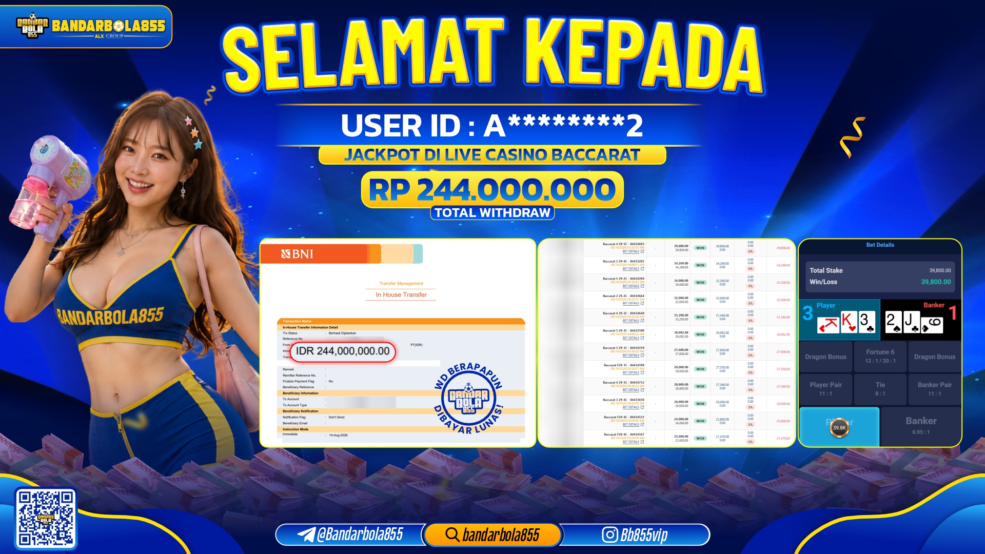 JACKPOT BANDARBOLA855 DI LIVE CASINO BACCARAT Rp244.000.000, - LUNAS🎖