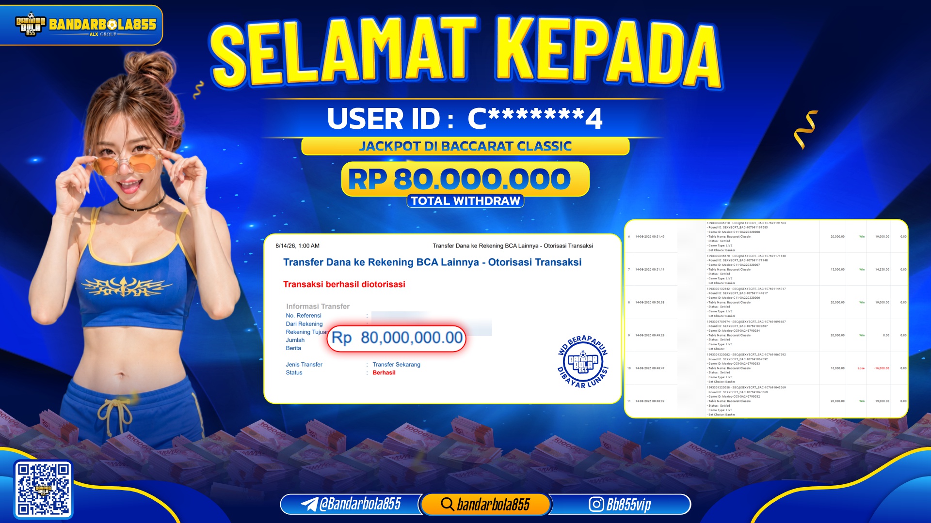 JACKPOT BANDARBOLA855 DI BACCARAT CLASSIC Rp80.000.000, - LUNAS🎖