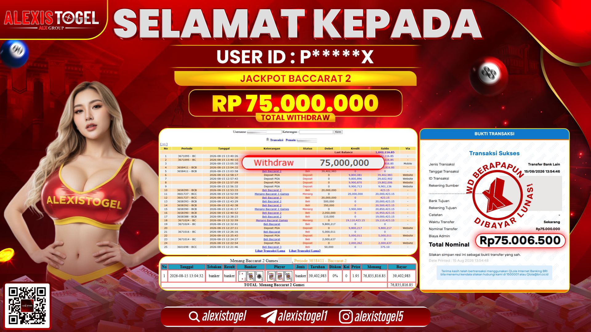 ALEXISTOGEL JACKPOT DI BACCARAT 2 RP.75.000.000,- LUNAS