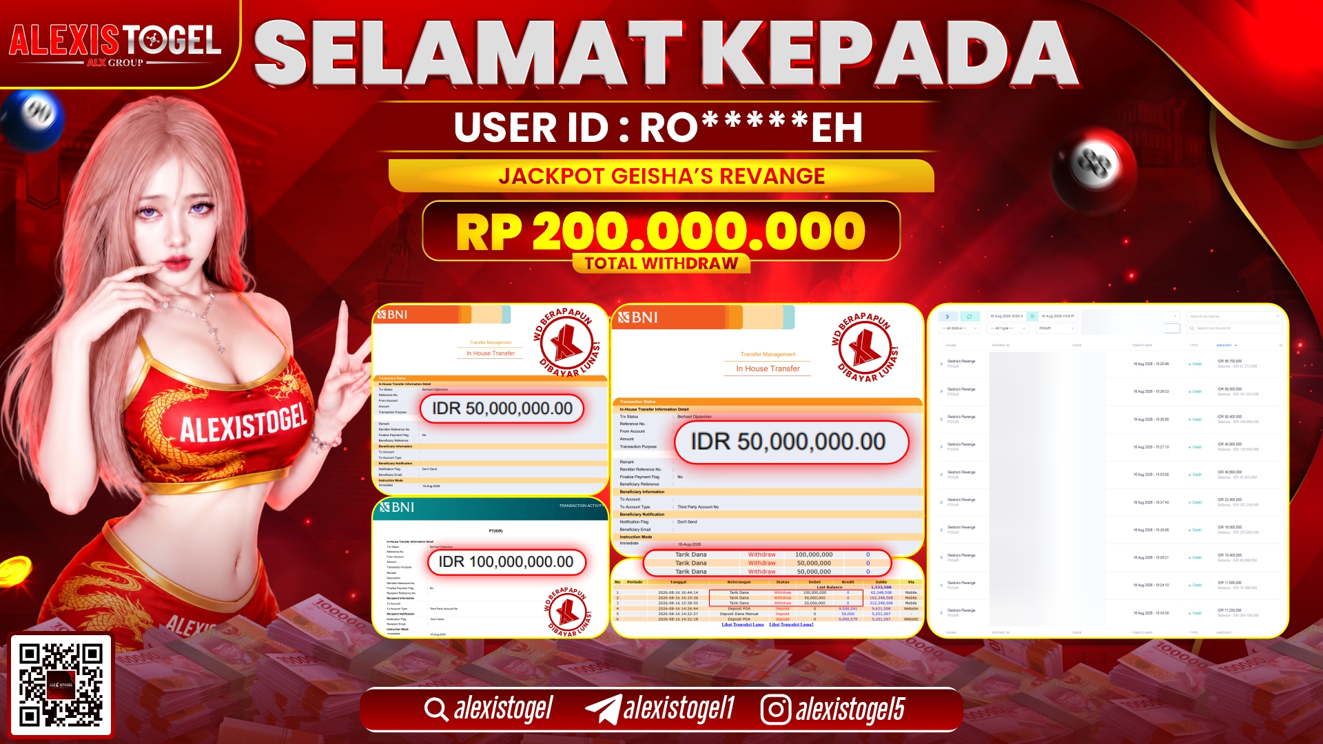ALEXISTOGEL JACKPOT DI GEISHA'S REVANGE RP.200.000.000,- LUNAS
