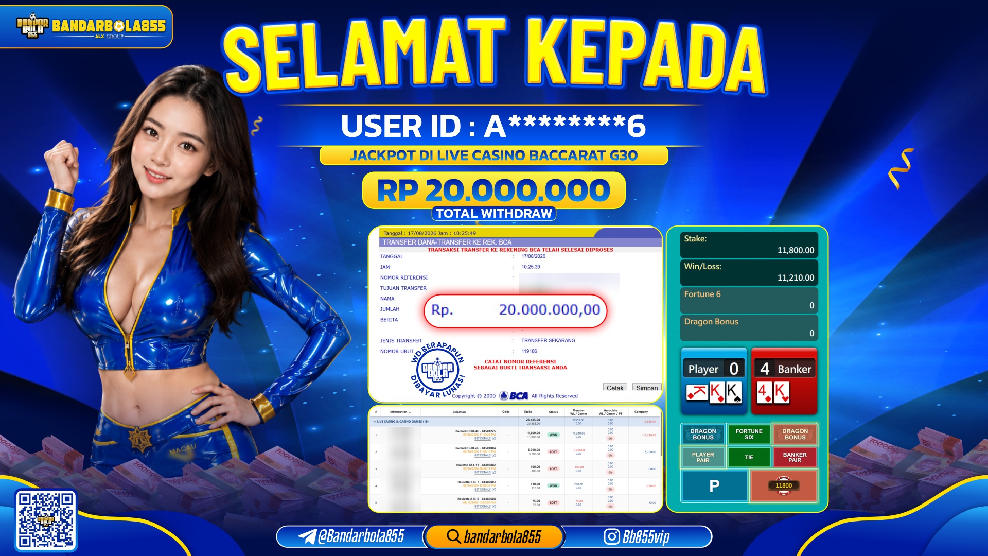 JACKPOT BANDARBOLA855 DI LIVE CASINO BACCARAT G3O Rp20.000.000, - LUNAS🎖
