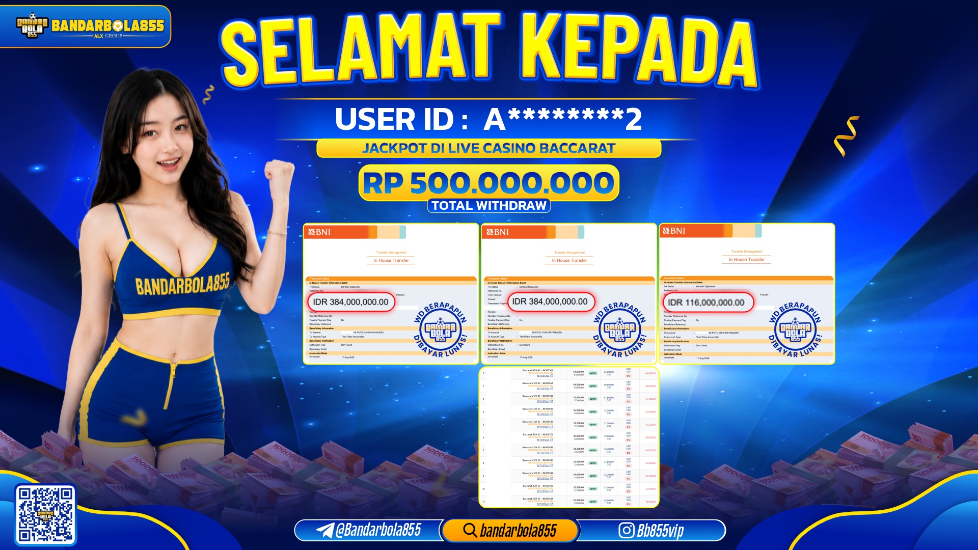 JACKPOT BANDARBOLA855 DI LIVE CASINO BACCARAT Rp500.000.000, - LUNAS🎖