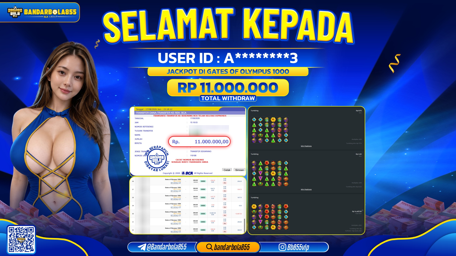 JACKPOT BANDARBOLA855 DI GATES OF OLYMPUS 1000 Rp11.000.000, - LUNAS🎖