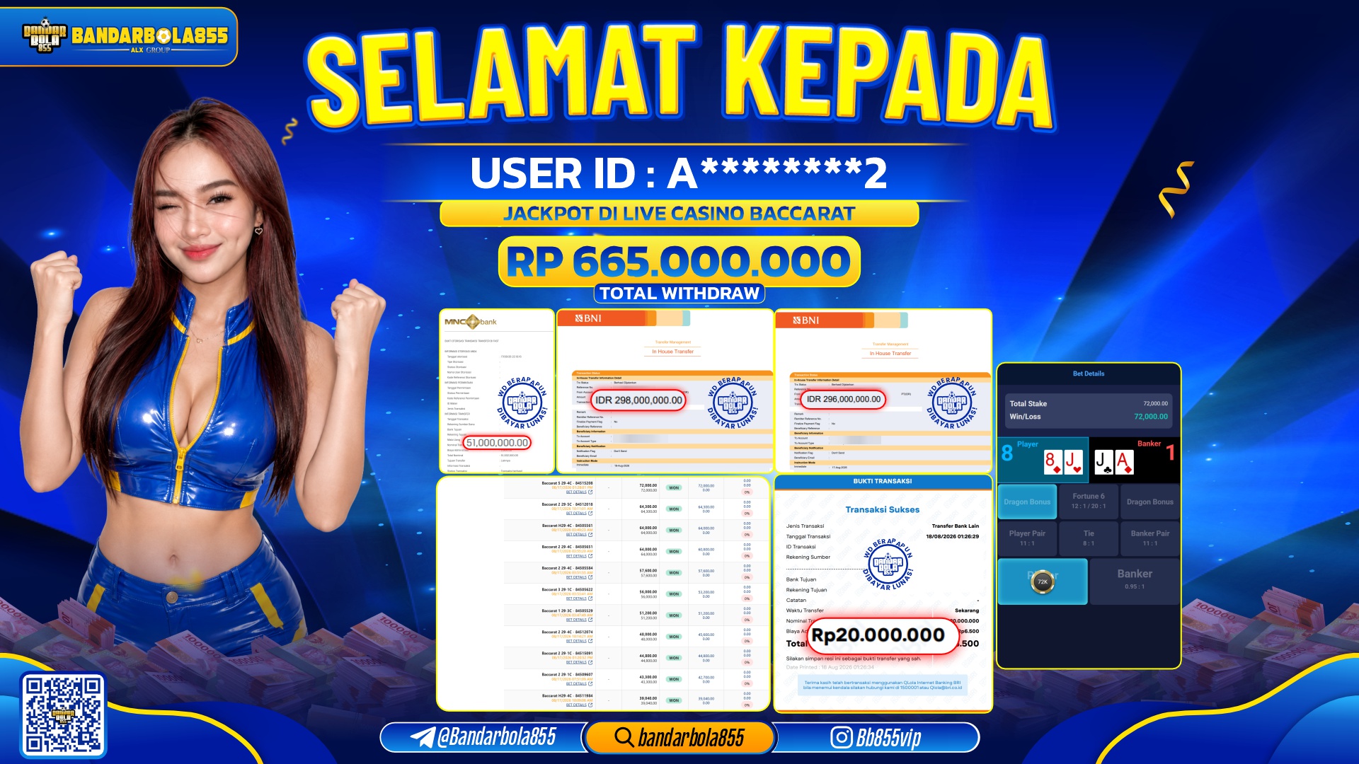 JACKPOT BANDARBOLA855 DI LIVE CASINO BACCARAT Rp665.000.000, - LUNAS🎖