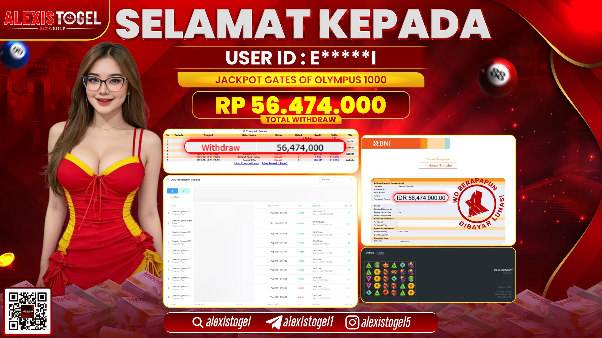 ALEXISTOGEL JACKPOT DI GATES OF OLYMPUS 1000 RP.56.474.000,- LUNAS