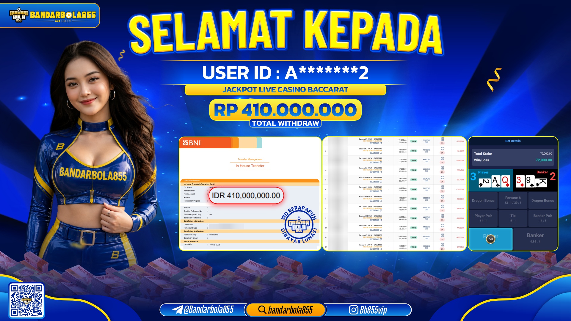 JACKPOT BANDARBOLA855 DI LIVE CASINO BACCARAT Rp410.000.000, - LUNAS🎖