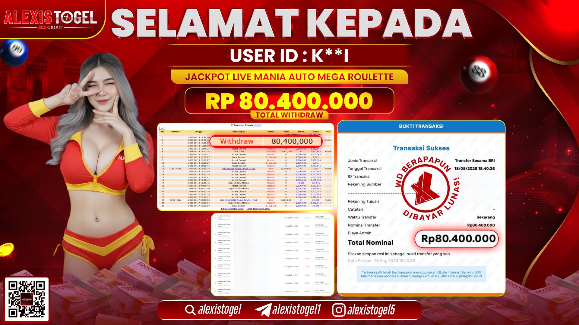 ALEXISTOGEL JACKPOT DI LIVE MANIA AUTO MEGA ROULETTE RP.80.400.000,- LUNAS