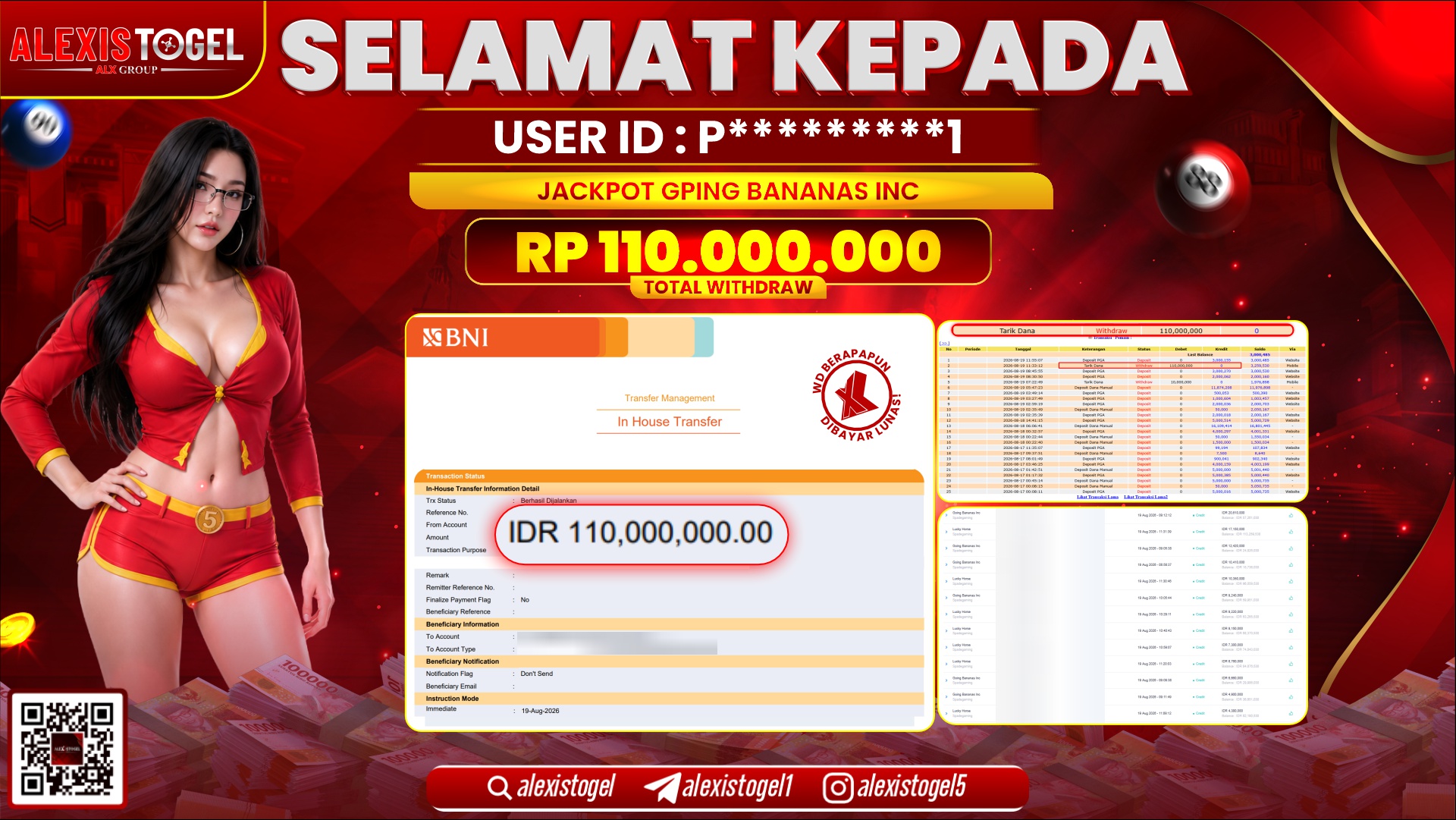 ALEXISTOGEL JACKPOT DI GPING BANANAS INC RP.110.000.000,- LUNAS