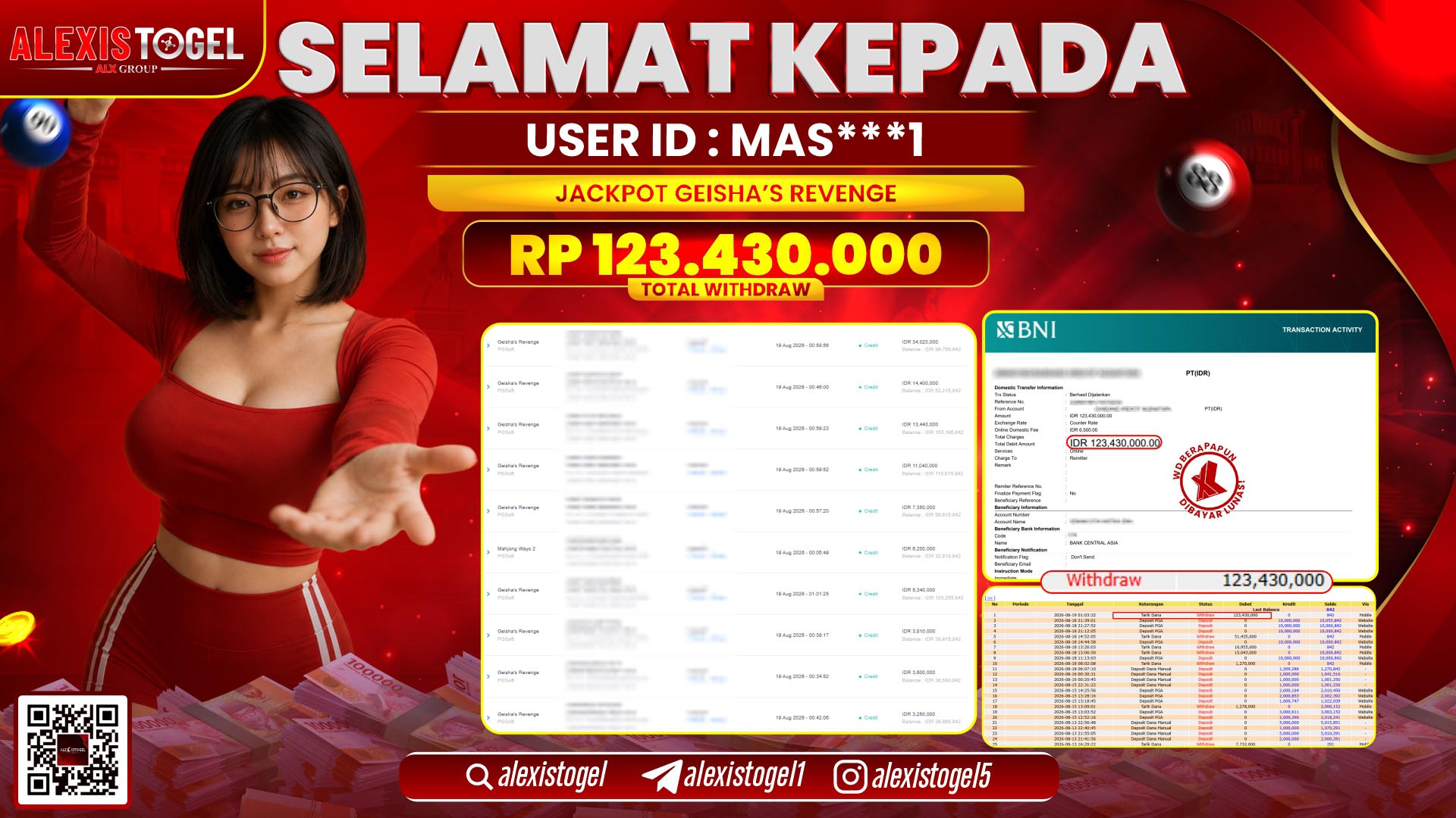 ALEXISTOGEL JACKPOT DI GEISHA'S REVENGE RP.123.430.000,- LUNAS