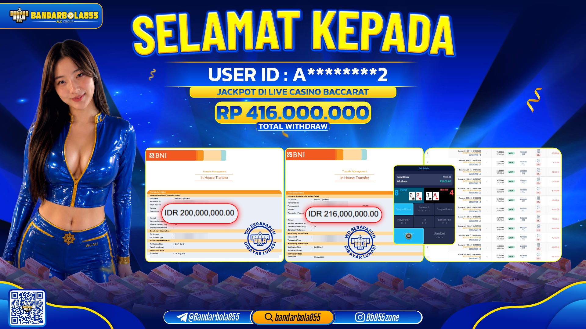 JACKPOT BANDARBOLA855 DI LIVE CASINO BACCARAT Rp416.000.000, - LUNAS🎖