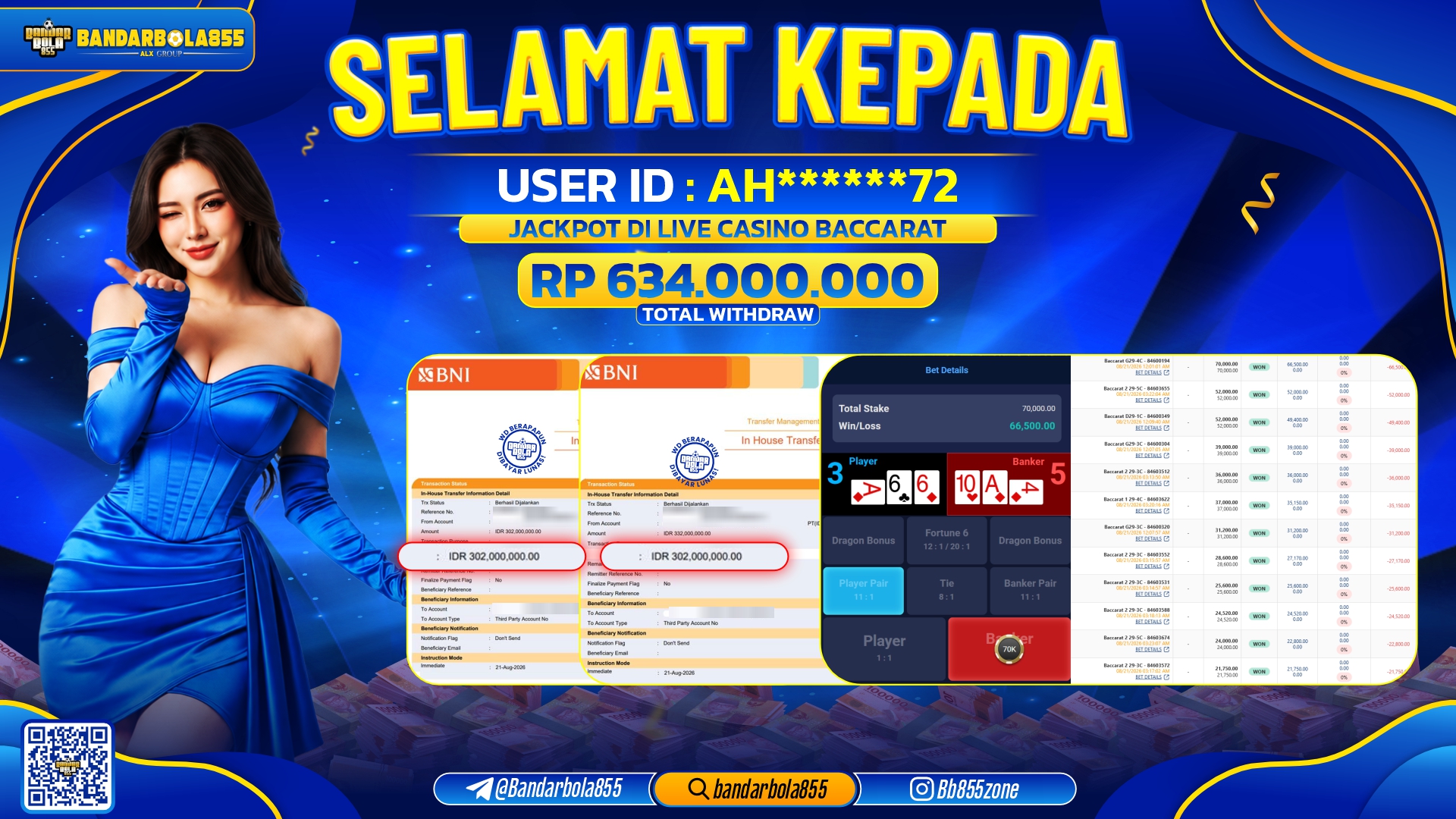 JACKPOT BANDARBOLA855 DI LIVE CASINO BACCARAT Rp634.000.000, - LUNAS🎖