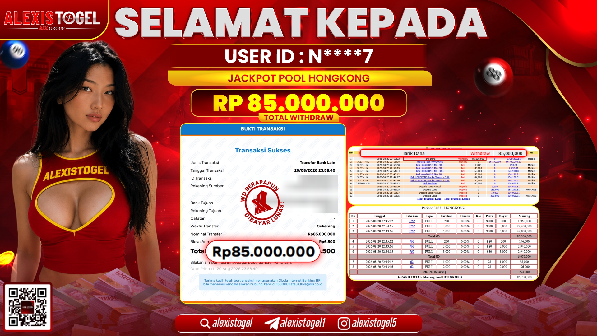 ALEXISTOGEL JACKPOT DI POOL HONGKONG RP.85.000.000,- LUNAS