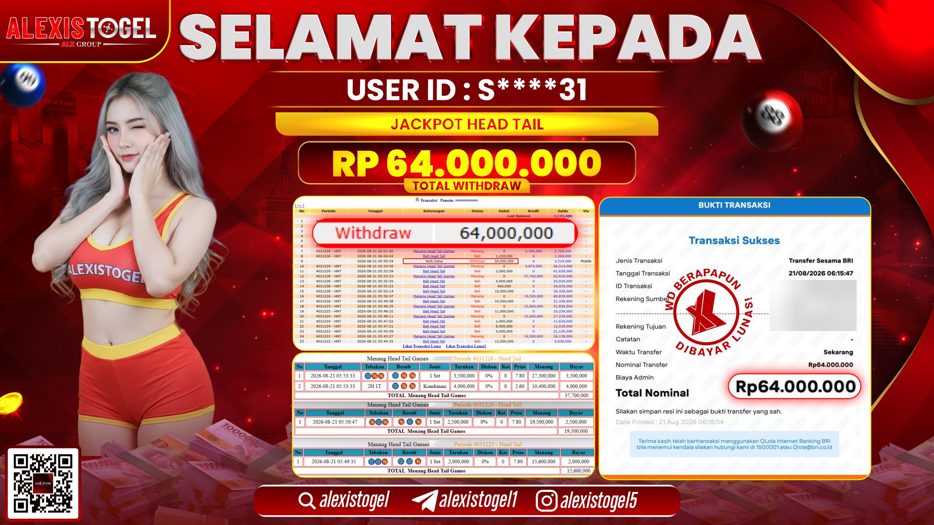 ALEXISTOGEL JACKPOT DI HEAD TAIL RP.64.000.000,- LUNAS