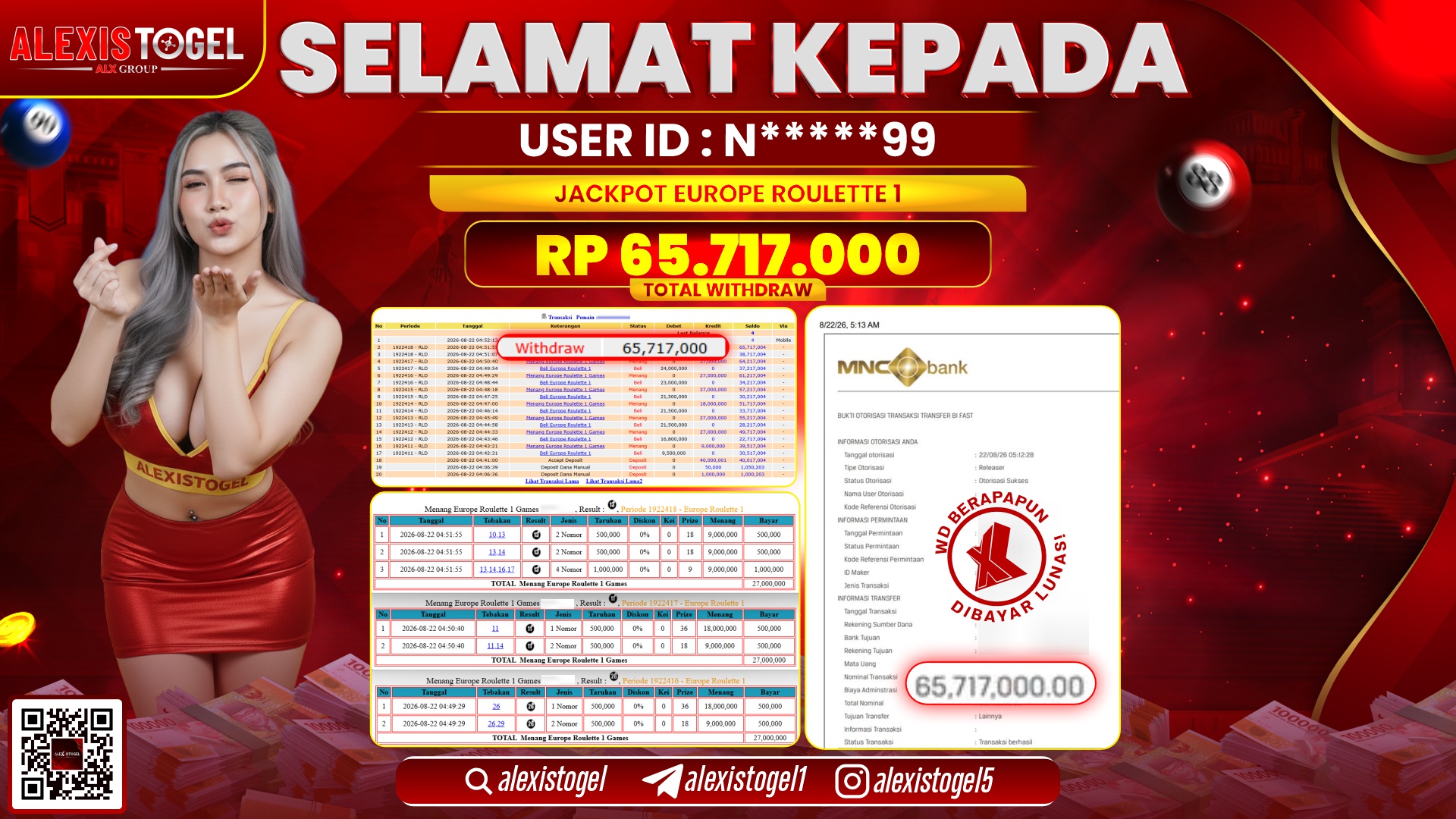 ALEXISTOGEL JACKPOT DI EUROPE ROULETTE 1 RP.65.717.000,- LUNAS