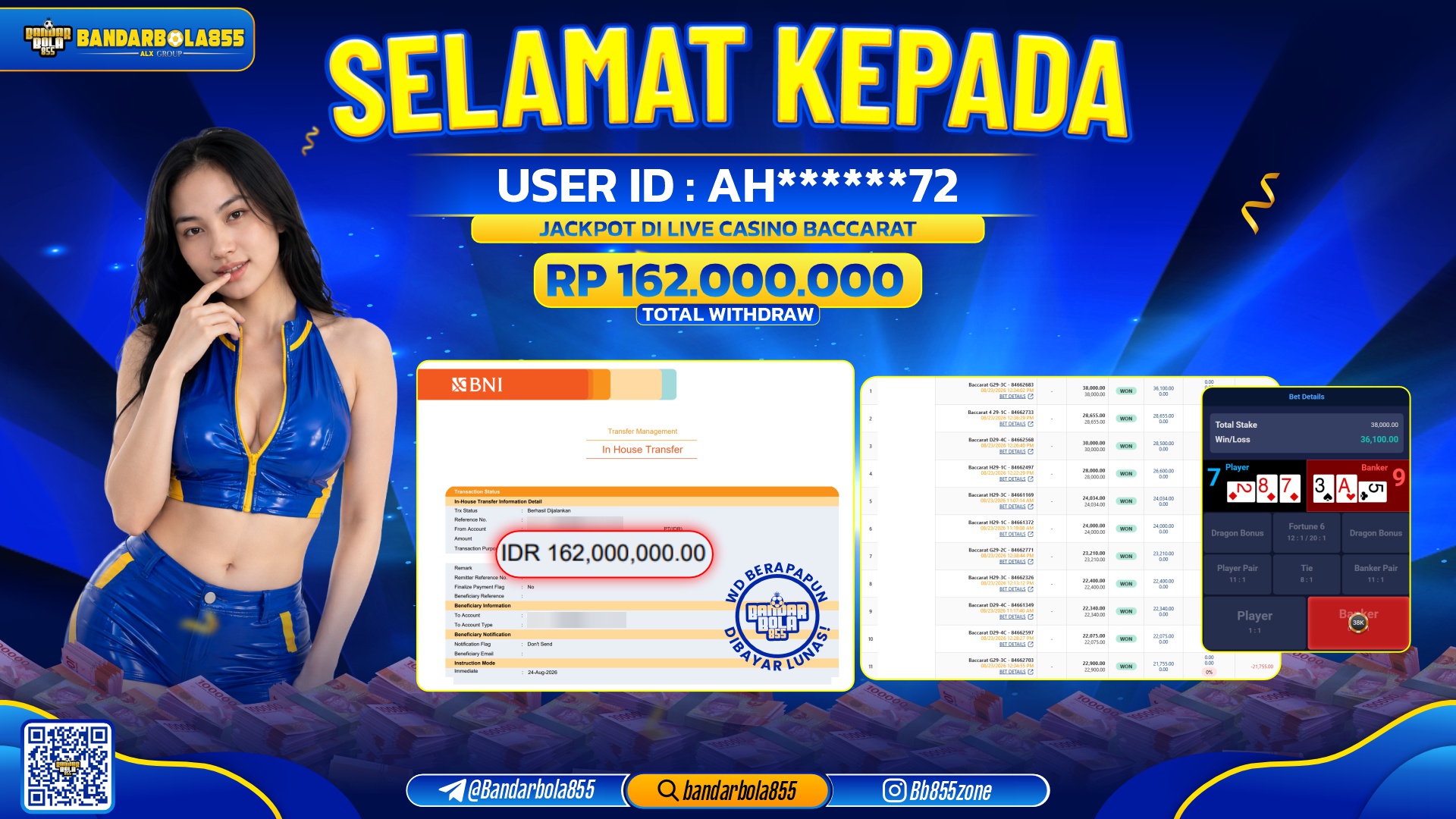 JACKPOT BANDARBOLA855 DI LIVE CASINO BACCARAT Rp162.000.000, - LUNAS🎖