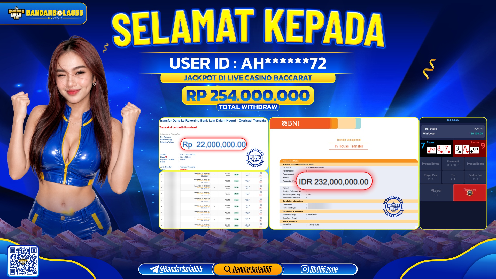 JACKPOT BANDARBOLA855 DI LIVE CASINO BACCARAT Rp254.000.000, - LUNAS🎖