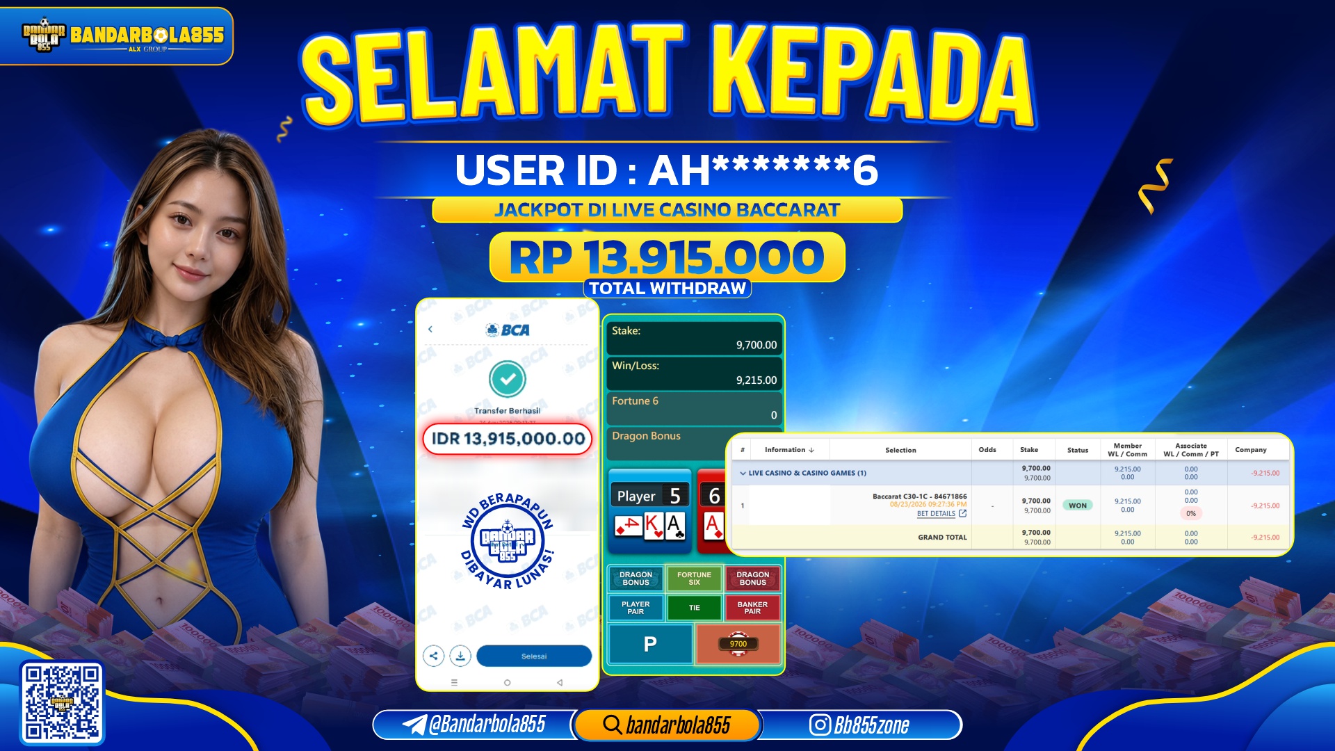 JACKPOT BANDARBOLA855 DI LIVE CASINO BACCARAT Rp13.915.000, - LUNAS🎖