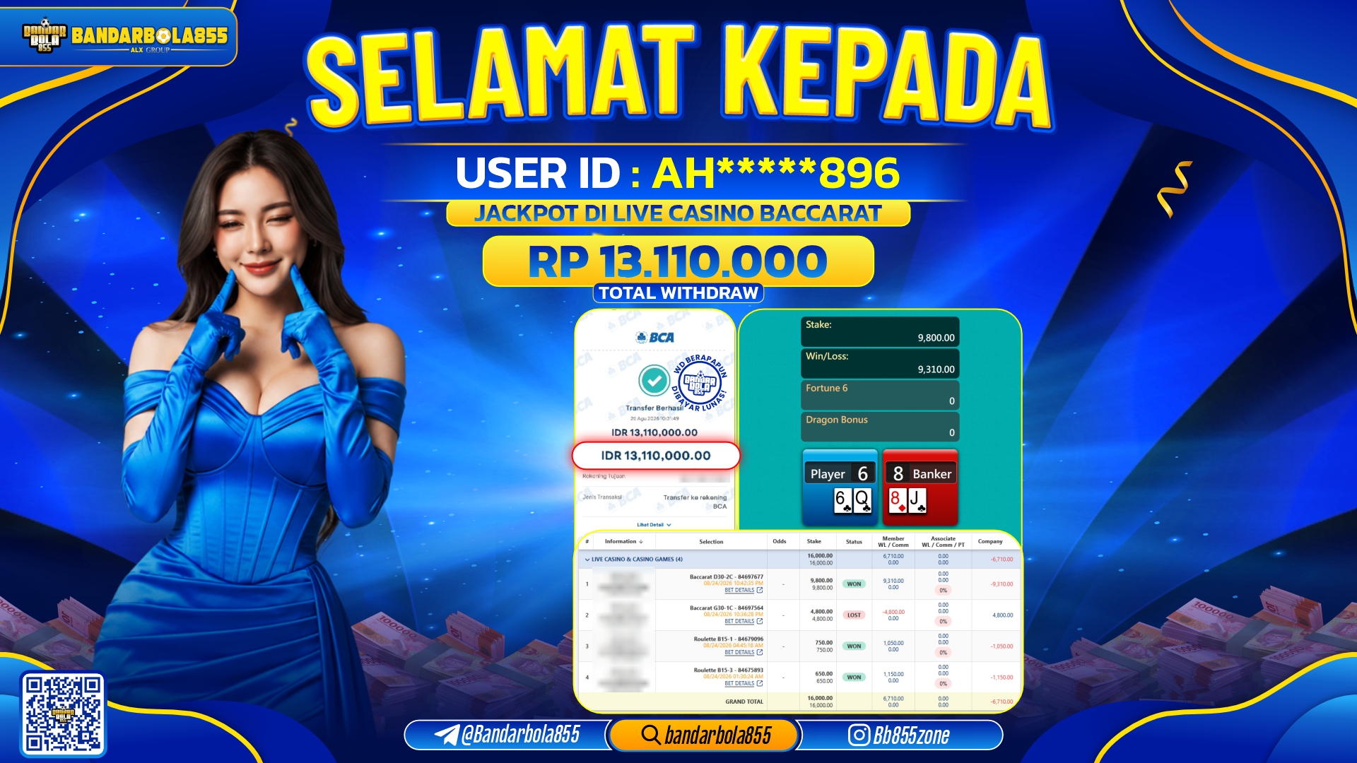 JACKPOT BANDARBOLA855 DI LIVE CASINO BACCARAT Rp13.110.000, - LUNAS🎖