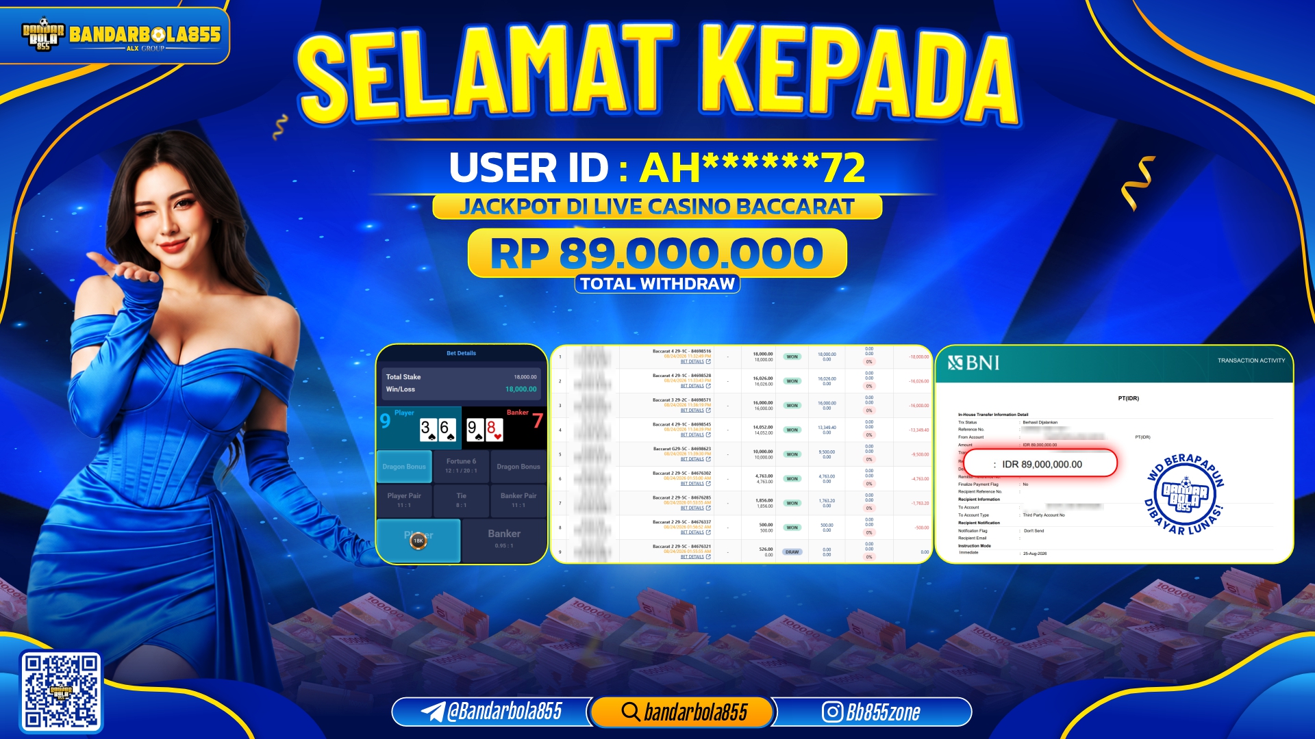 JACKPOT BANDARBOLA855 DI LIVE CASINO BACCARAT Rp89.000.000, - LUNAS🎖