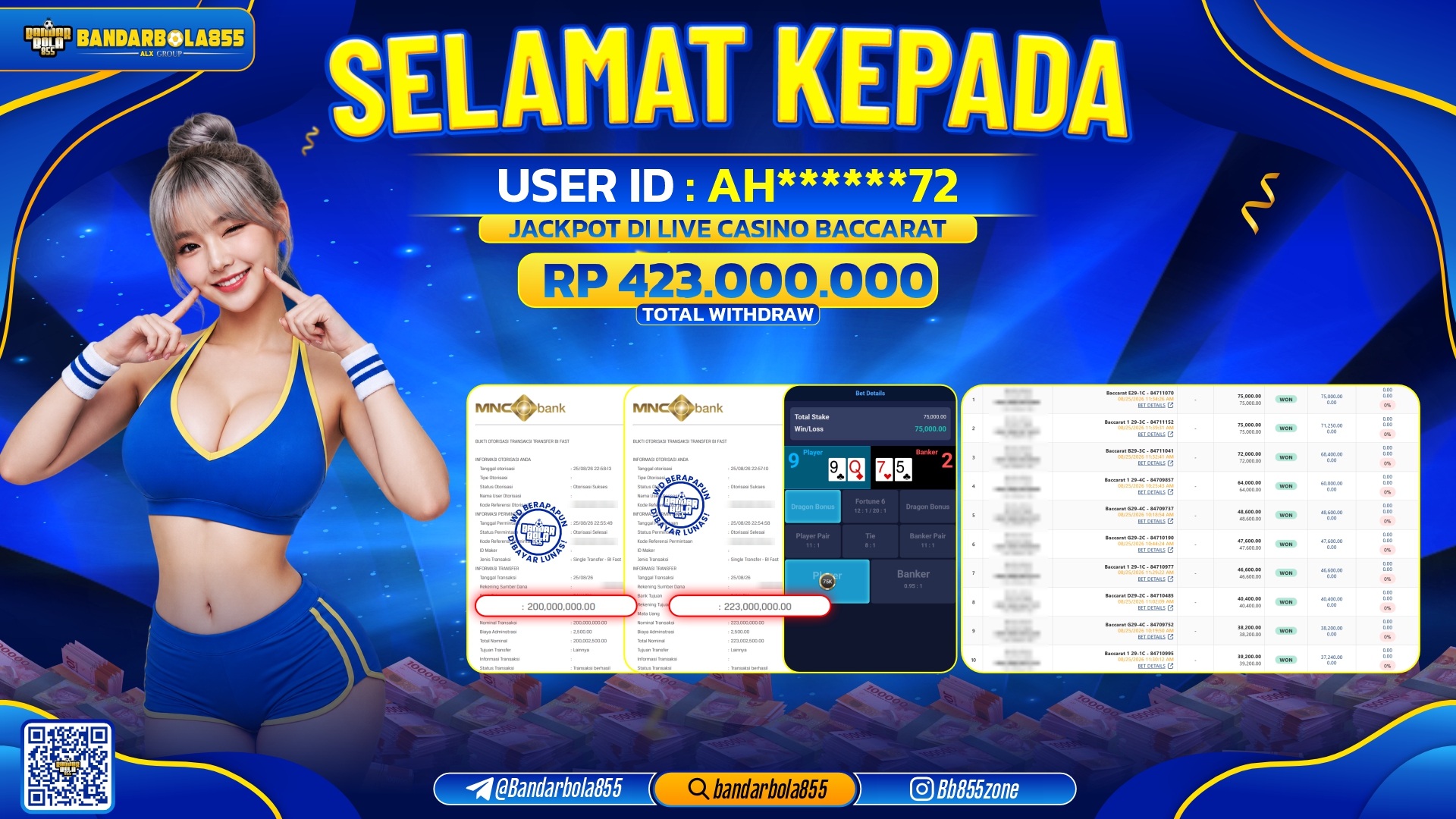 JACKPOT BANDARBOLA855 DI LIVE CASINO BACCARAT Rp423.000.000, - LUNAS🎖