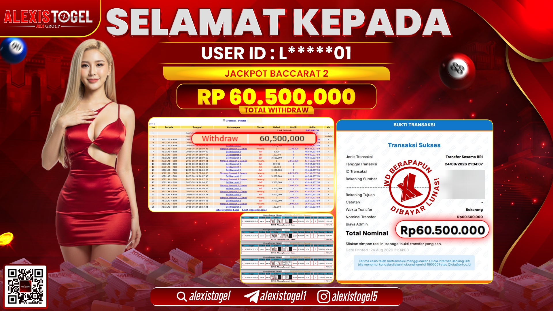 ALEXISTOGEL JACKPOT DI BACCARAT 2 RP.60.500.000,- LUNAS