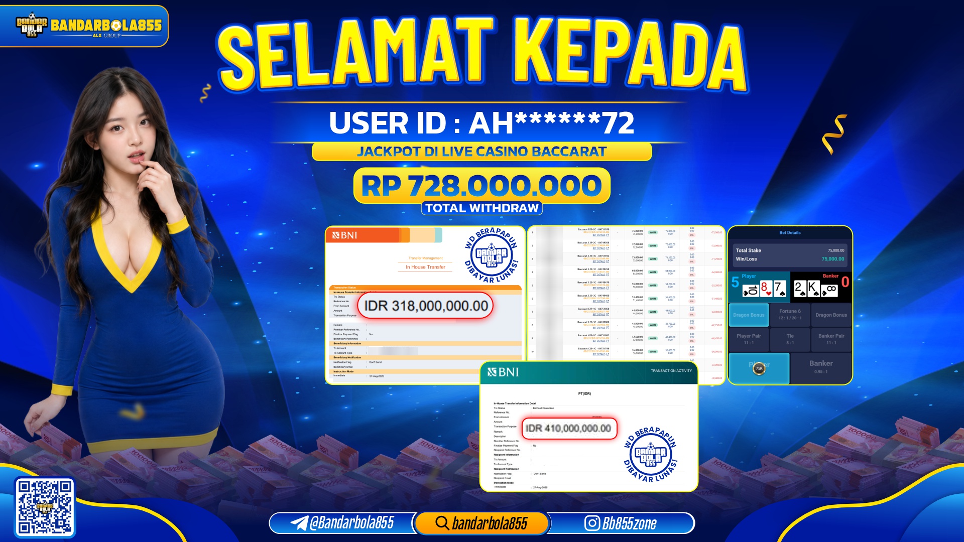 JACKPOT BANDARBOLA855 DI LIVE CASINO BACCARAT Rp728.000.000, - LUNAS🎖