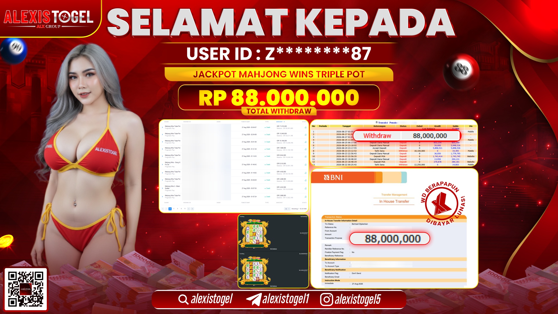 ALEXISTOGEL JACKPOT DI MAHJONG  WINS TRIPLE POT RP.88.000.000,- LUNAS