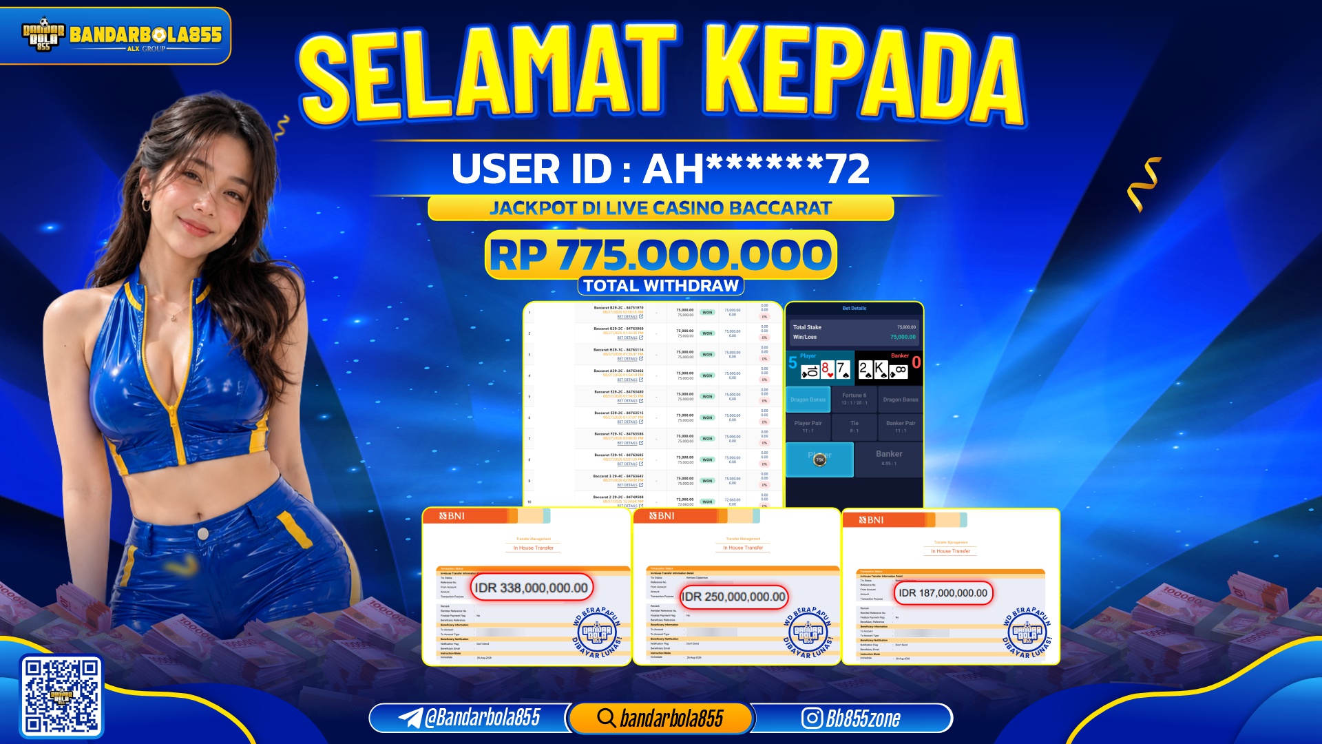 JACKPOT BANDARBOLA855 DI LIVE CASINO BACCARAT Rp775.000.000, - LUNAS🎖