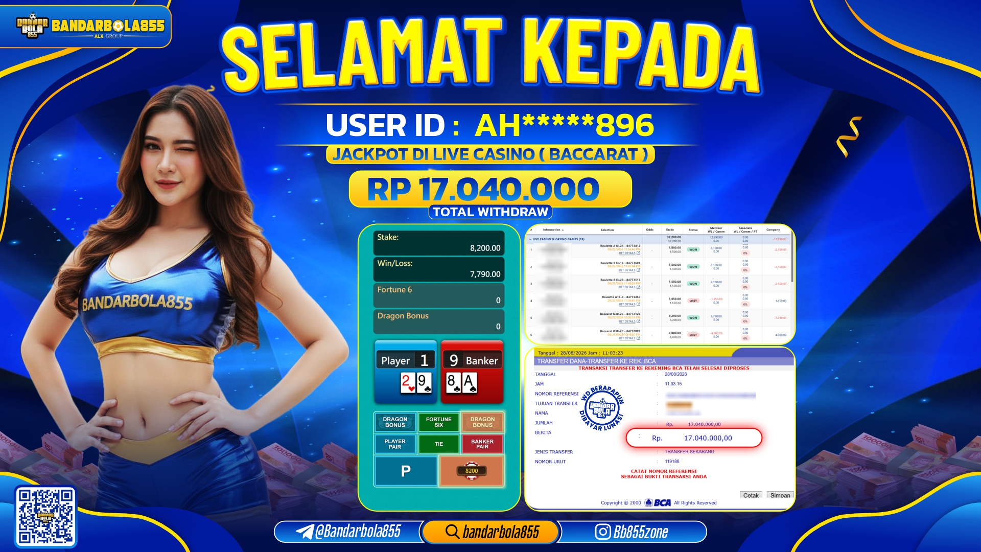 JACKPOT BANDARBOLA855 DI LIVE CASINO BACCARAT Rp17.040.000, - LUNAS🎖