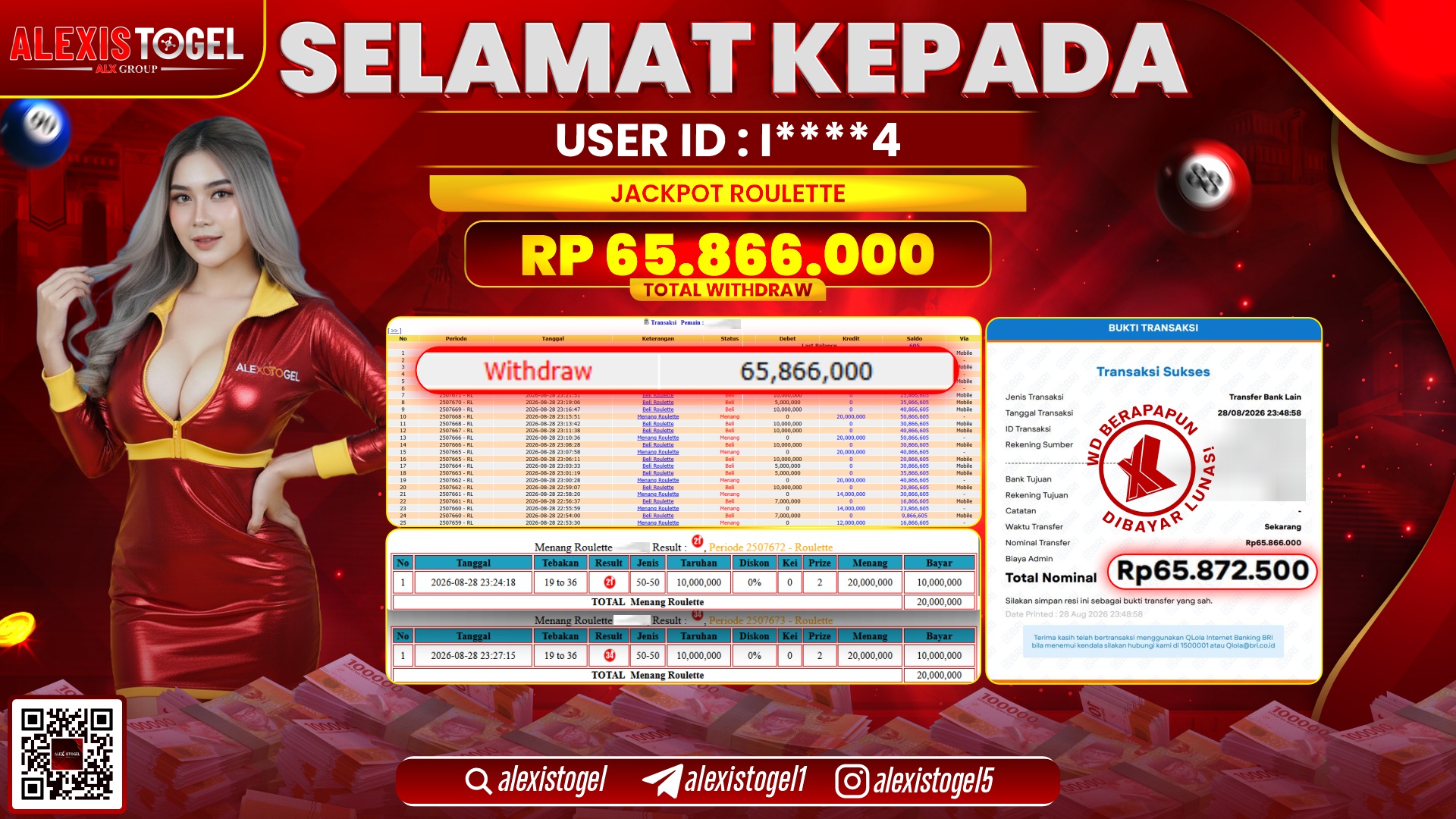 ALEXISTOGEL JACKPOT DI ROULETTE RP.65.866.000,- LUNAS