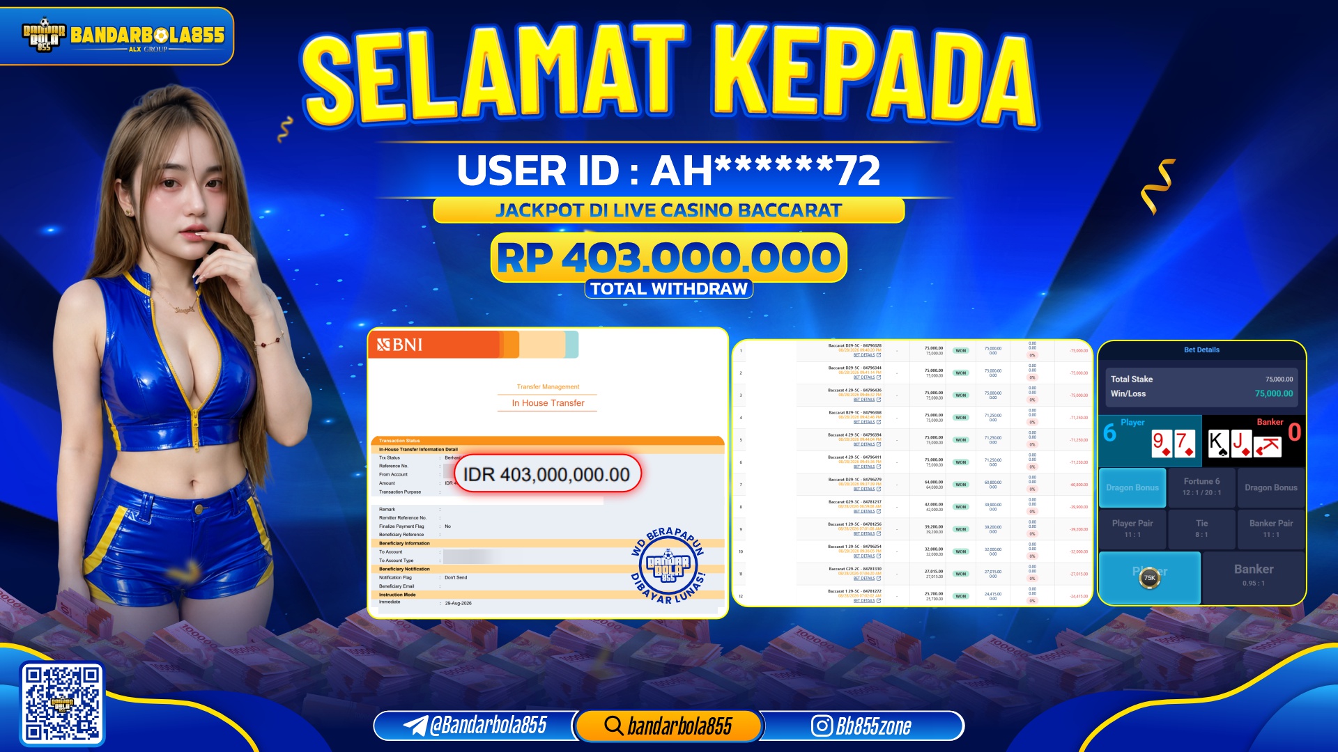 JACKPOT BANDARBOLA855 DI LIVE CASINO BACCARAT Rp403.000.000, - LUNAS🎖