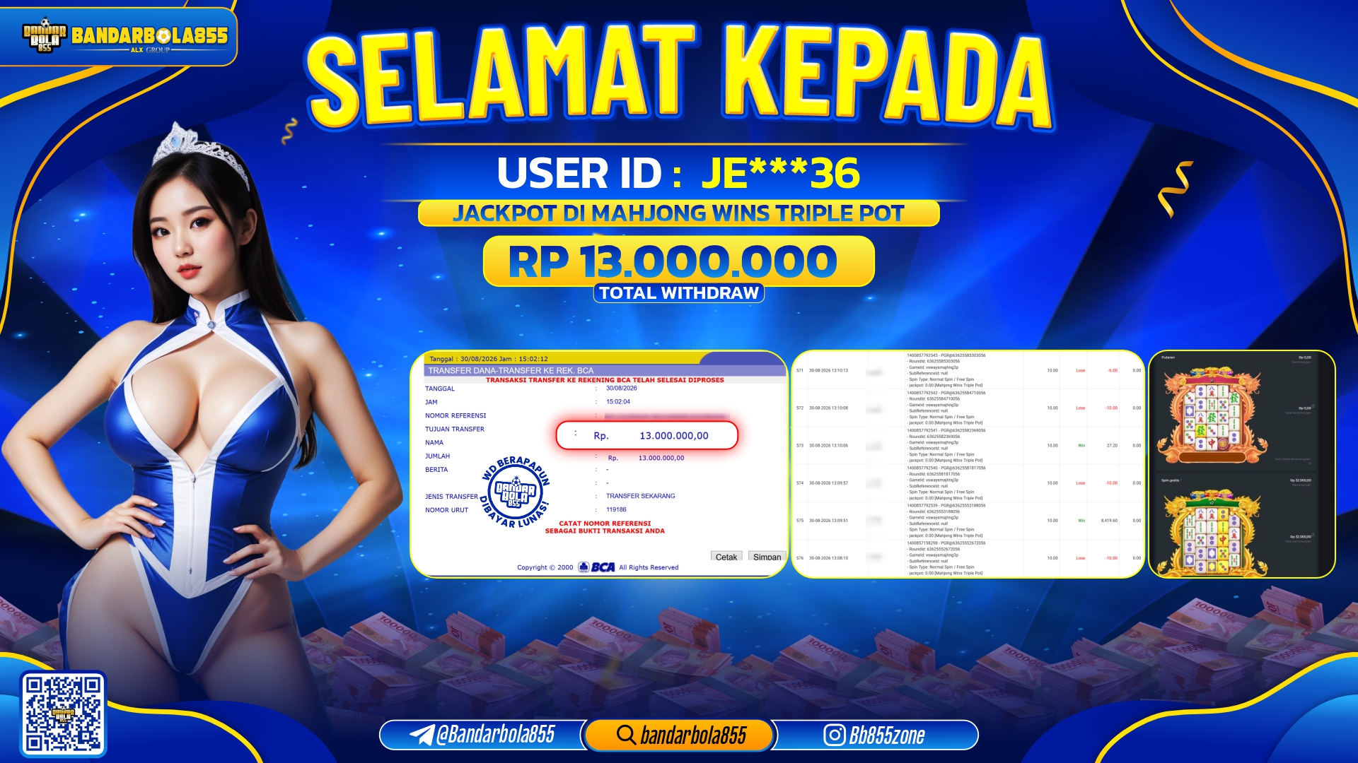 JACKPOT BANDARBOLA855 DI MAHJONG WINS TRIPLE POT Rp13.000.000, - LUNAS🎖
