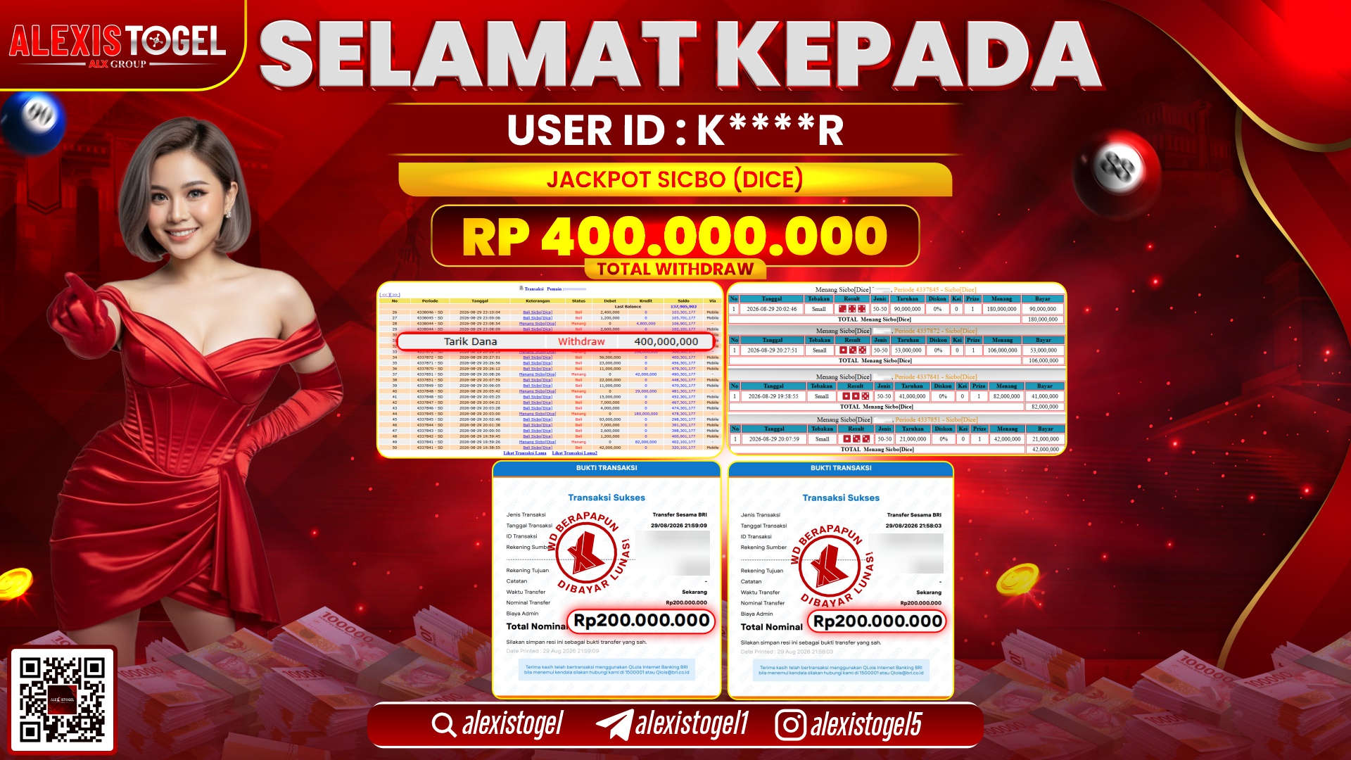 ALEXISTOGEL JACKPOT DI SICBO DICE RP.400.000.000,- LUNAS