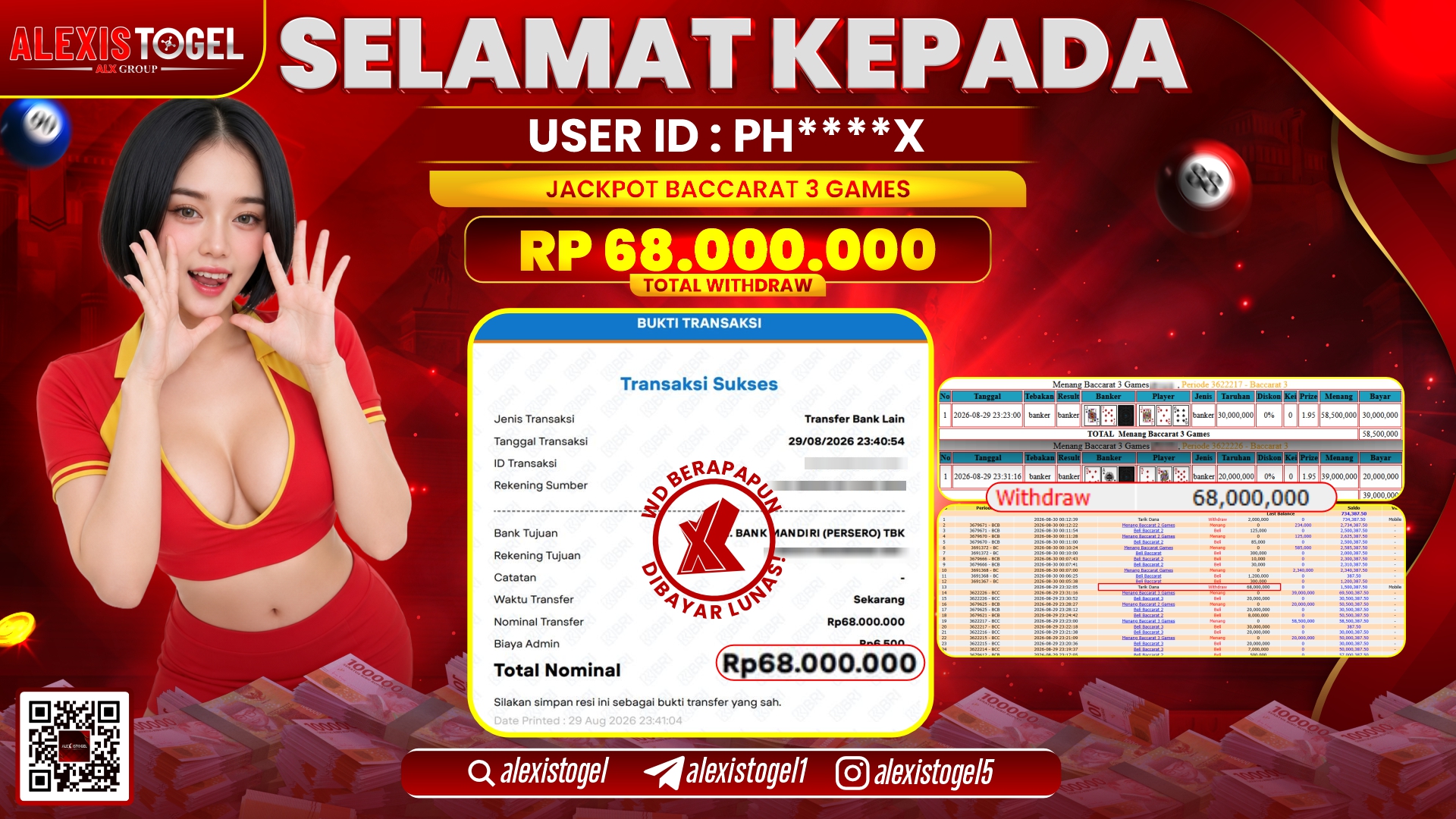 ALEXISTOGEL JACKPOT DI BACCARAT 3 GAMES RP.68.000.000,- LUNAS