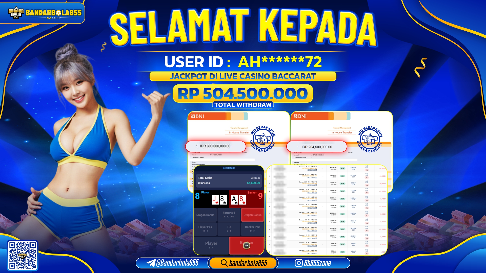 JACKPOT BANDARBOLA855 DI LIVE CASINO BACCARAT Rp504.500.000, - LUNAS🎖