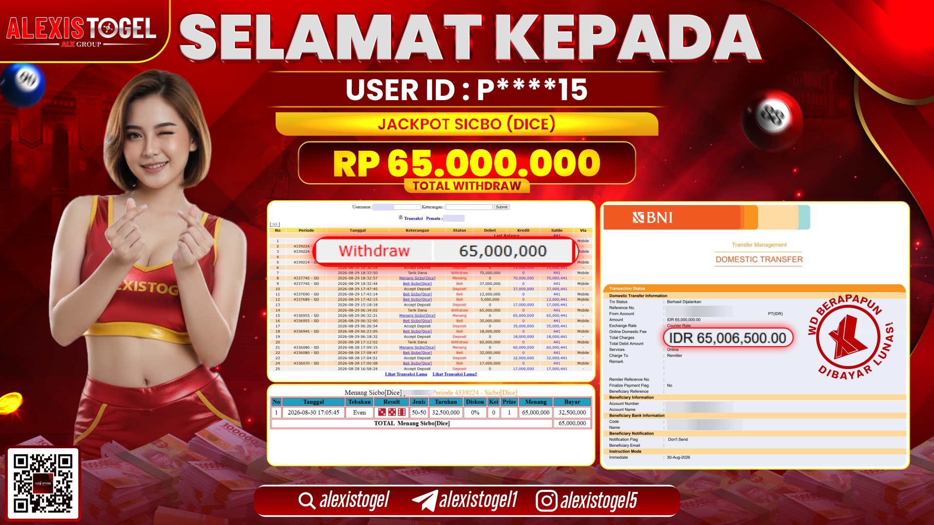 ALEXISTOGEL JACKPOT DI SICBO DICE RP.65.000.000,- LUNAS