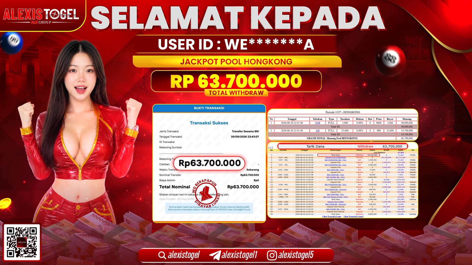 ALEXISTOGEL JACKPOT DI POOL HONGKONG RP.63.700.000,- LUNAS