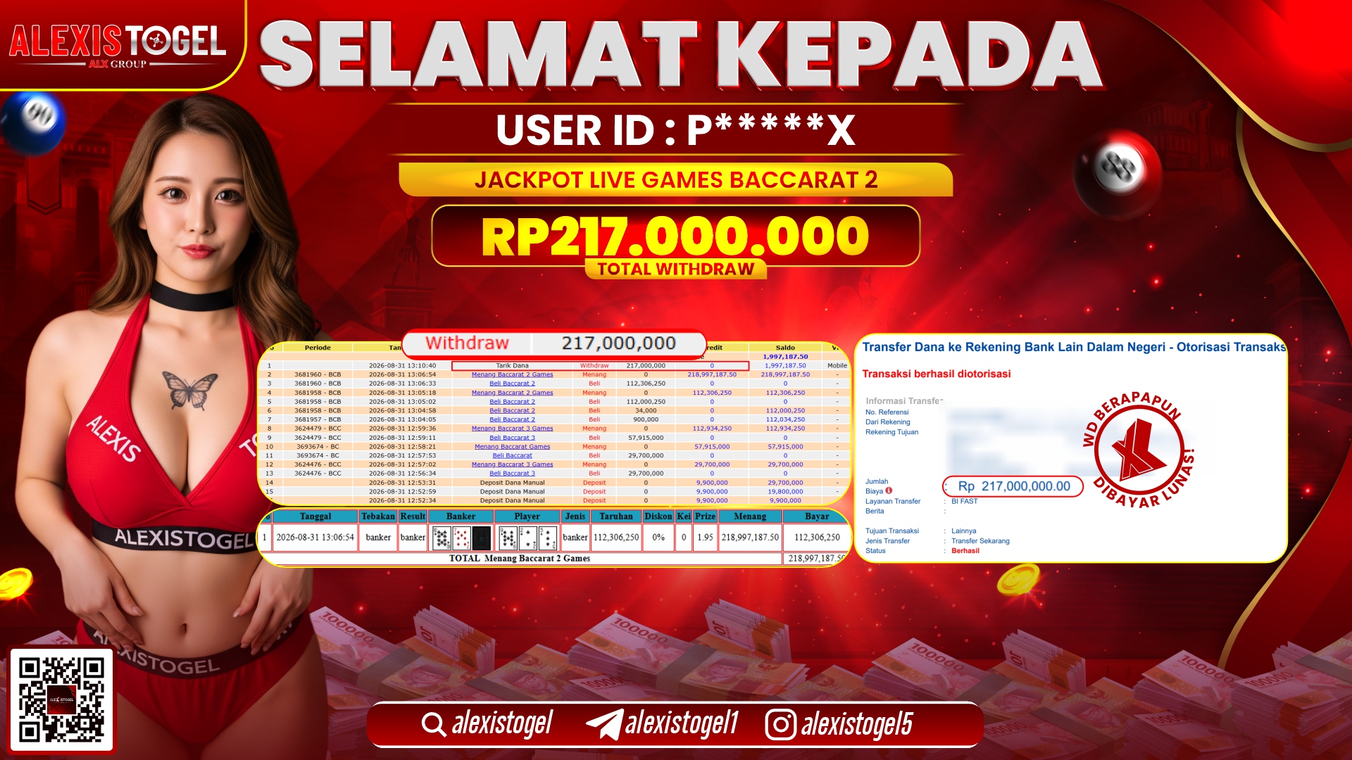 ALEXISTOGEL JACKPOT DI LIVE GAMES BACCARAT 2 RP.217.000.000,- LUNAS