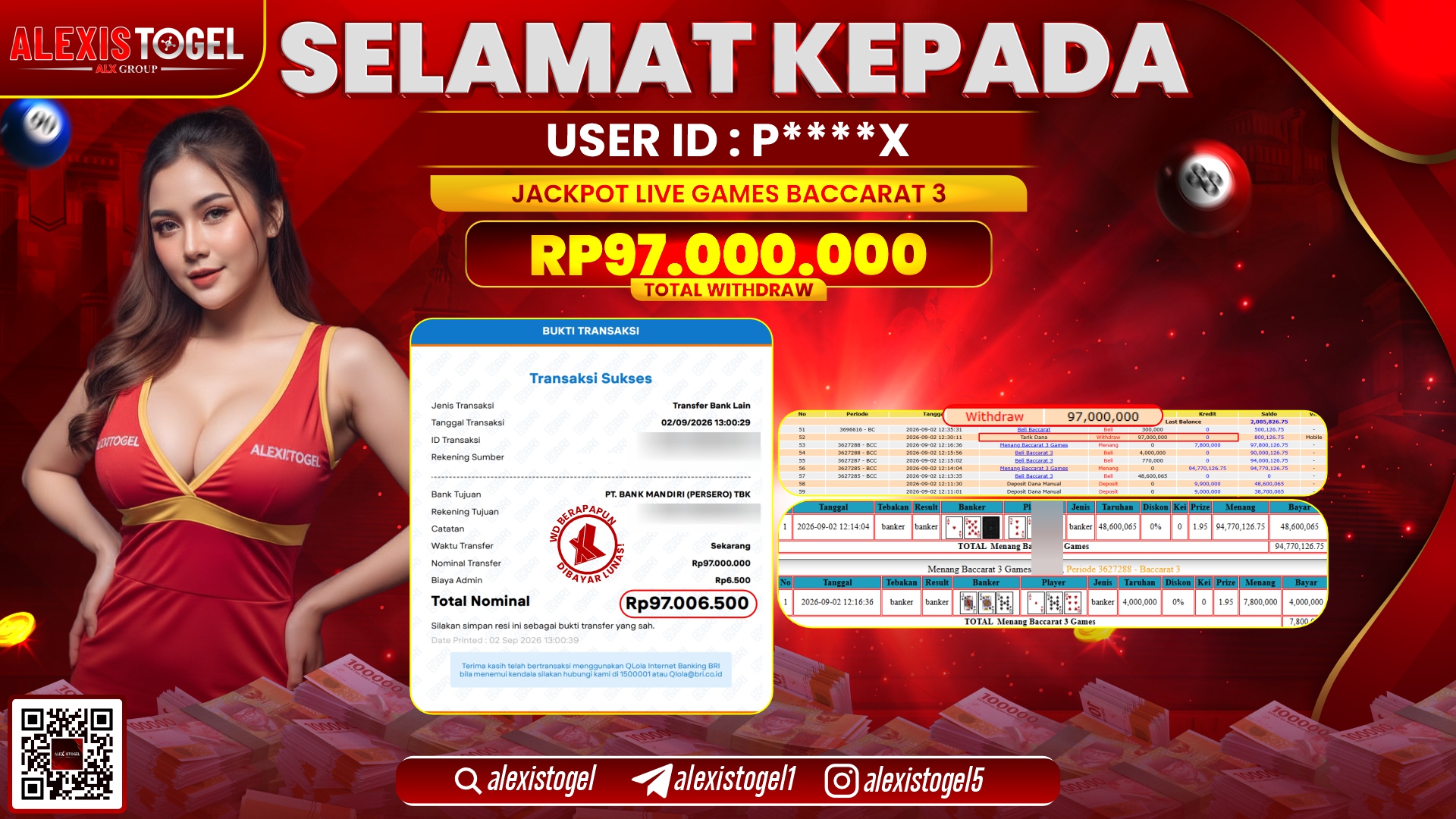ALEXISTOGEL JACKPOT DI LIVE GAME BACCARAT 3 RP.97.000.000,- LUNAS