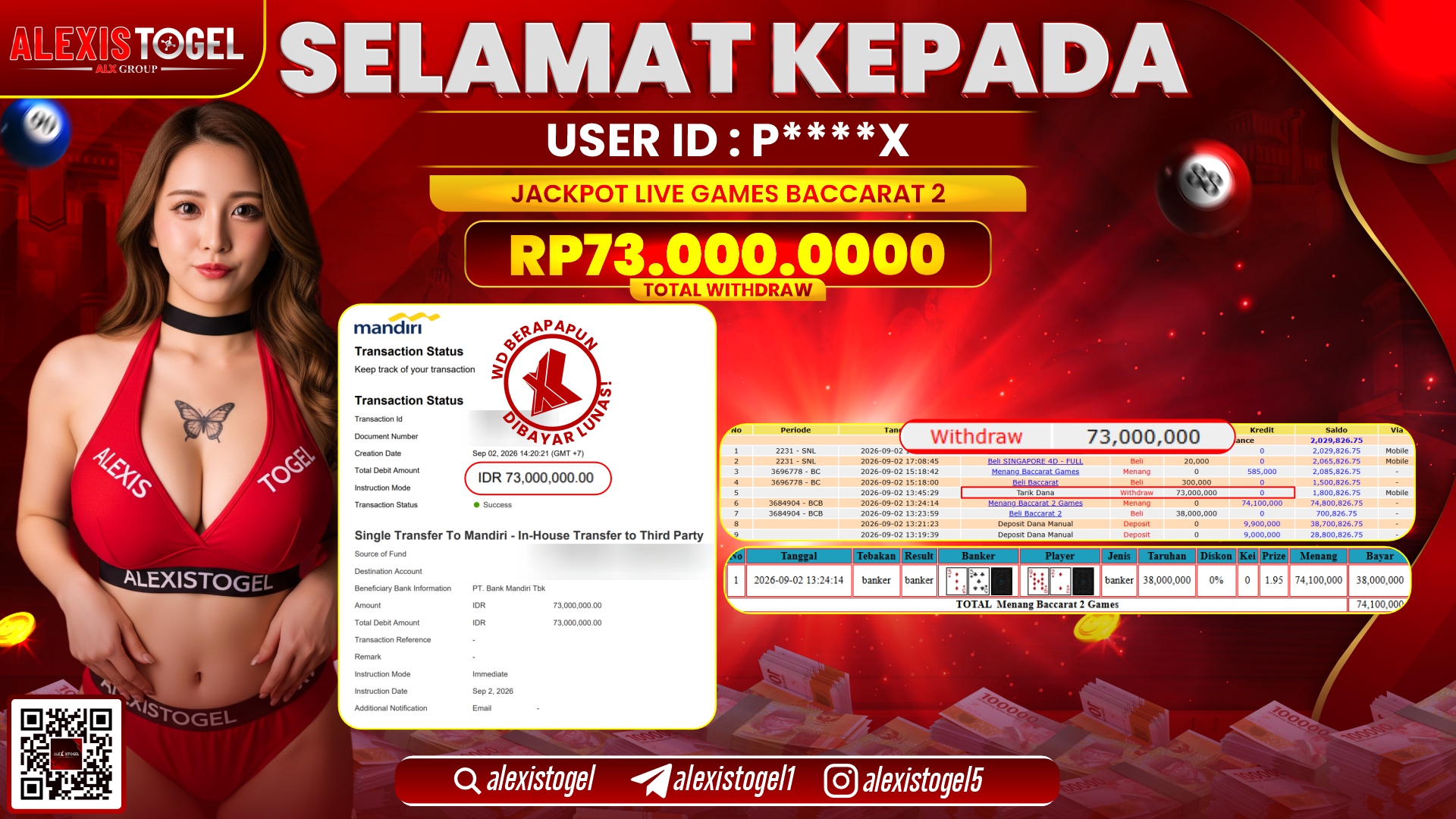 ALEXISTOGEL JACKPOT DI LIVE GAMES BACCARAT 2 RP.73.000.000,- LUNAS
