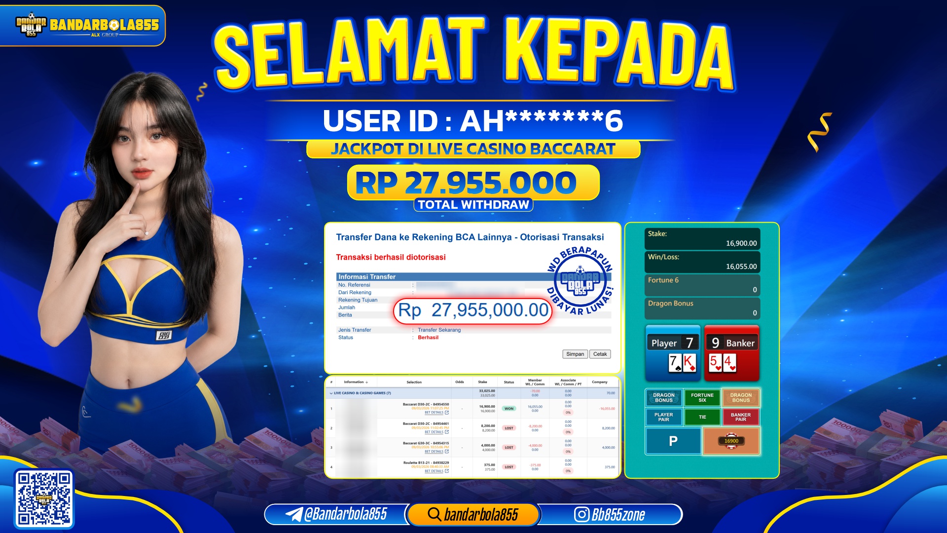 JACKPOT BANDARBOLA855 DI LIVE CASINO BACCARAT Rp27.955.000, - LUNAS🎖