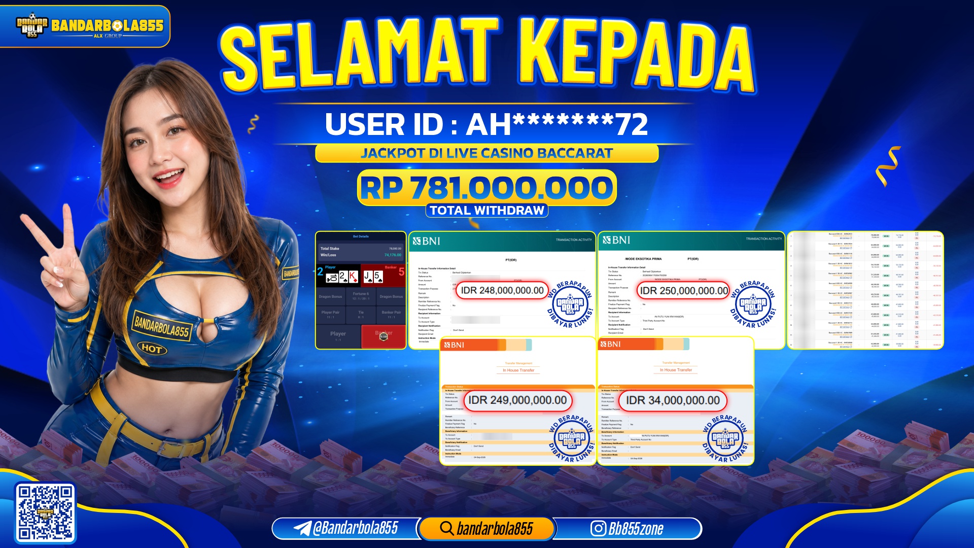 JACKPOT BANDARBOLA855 DI LIVE CASINO BACCARAT Rp781.000.000, - LUNAS🎖