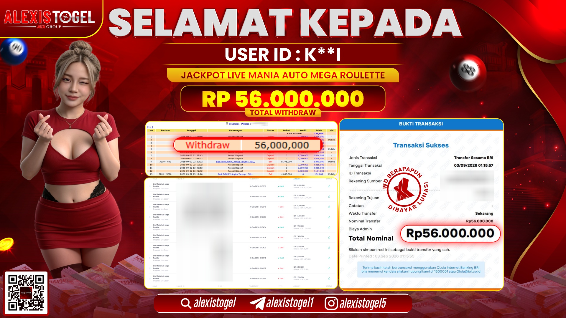 ALEXISTOGEL JACKPOT DI LIVE MANIA AUTO MEGA ROULETTE RP.56.000.000,- LUNAS