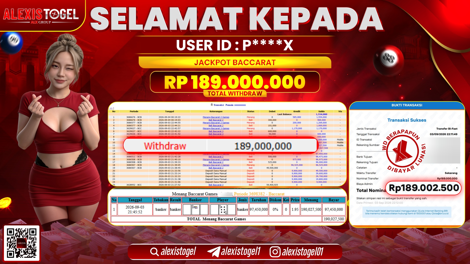 ALEXISTOGEL JACKPOT DI BACCARAT RP.189.000.000,- LUNAS