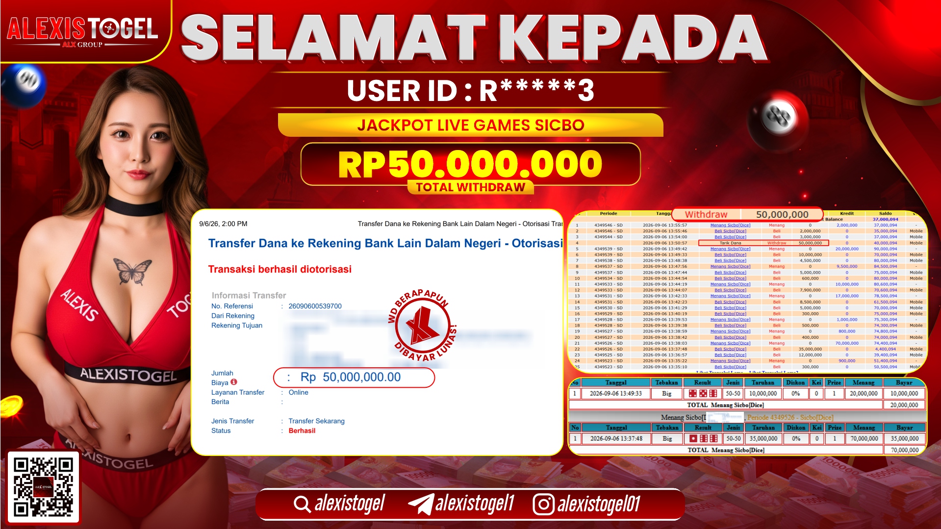 ALEXISTOGEL JACKPOT DI LIVE GAME SICBO RP.50.000.000,- LUNAS