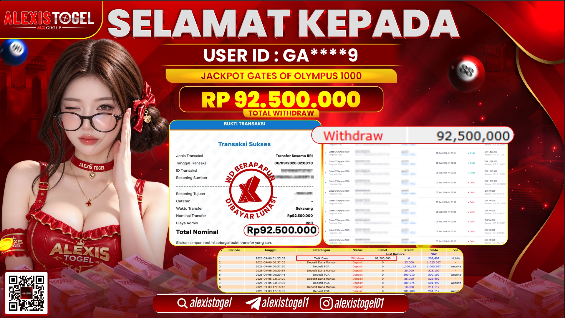 ALEXISTOGEL JACKPOT DI GATES OF OLYMPUS 1000 RP.92.500.000,- LUNAS