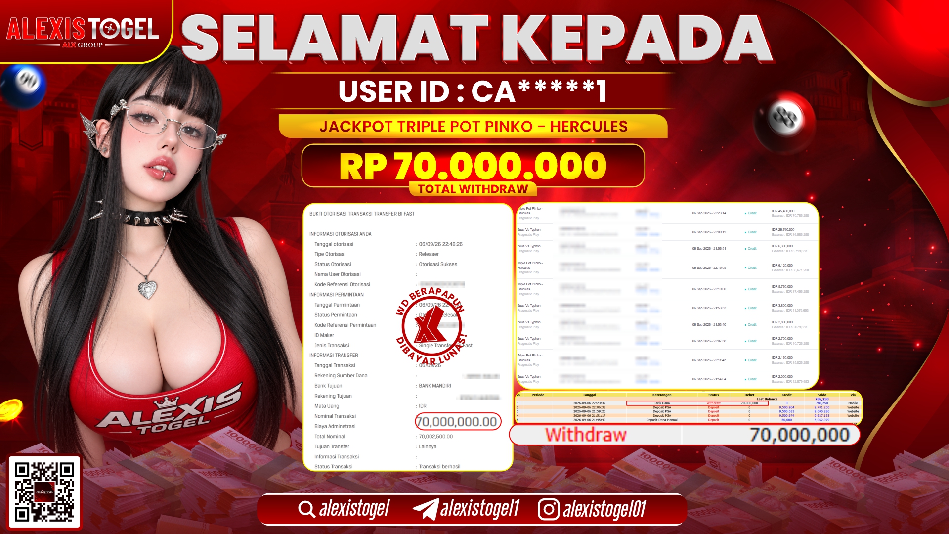 ALEXISTOGEL JACKPOT DI TRIPLE POT PINKO - HERCULES RP.70.000.000,- LUNAS