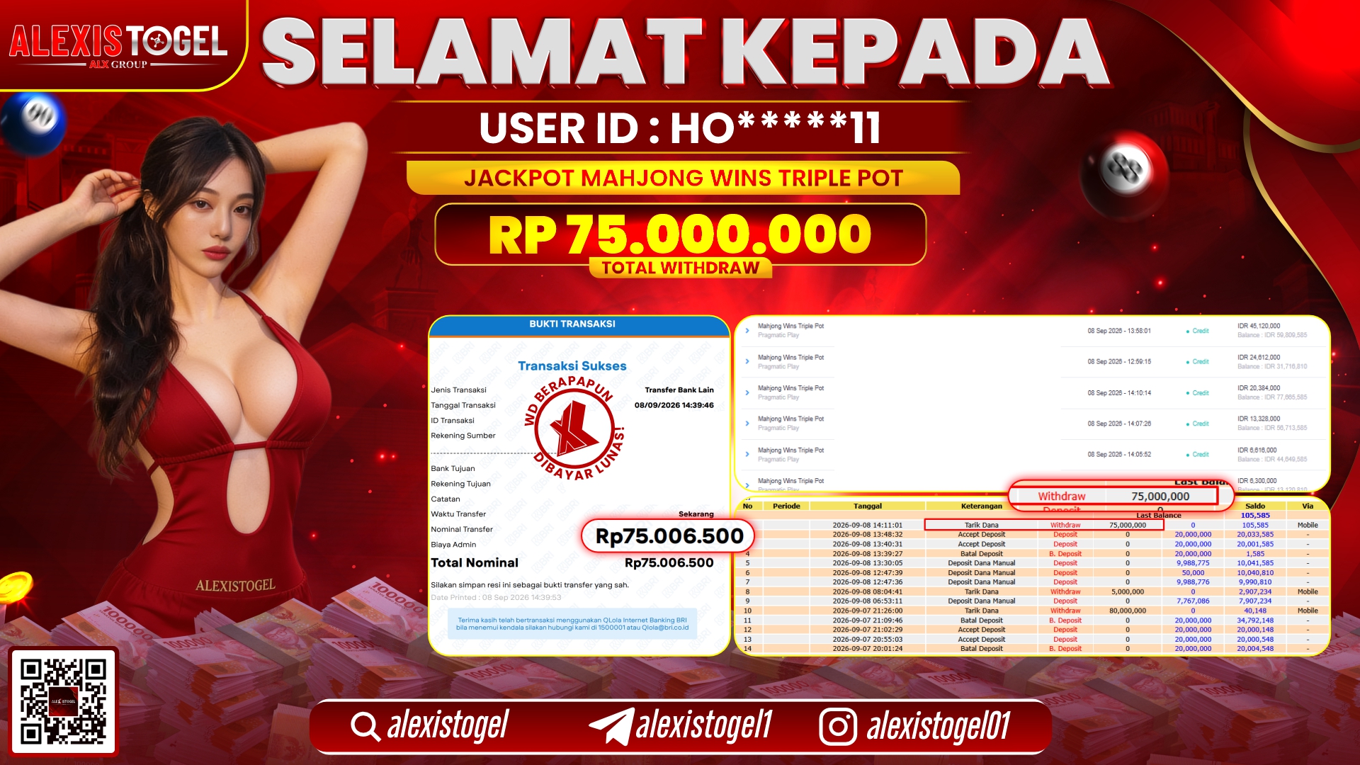 ALEXISTOGEL JACKPOT DI MAHJONG WINS TRIPLE POT RP.75.000.000,- LUNAS